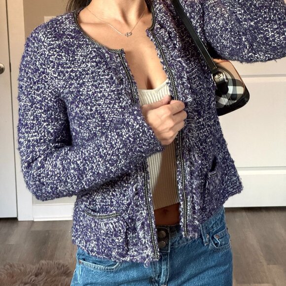 Chicos Purple Bouclé Tweed Cardigan Metallic Textured Knit Chic Coquette - Picture 2 of 8